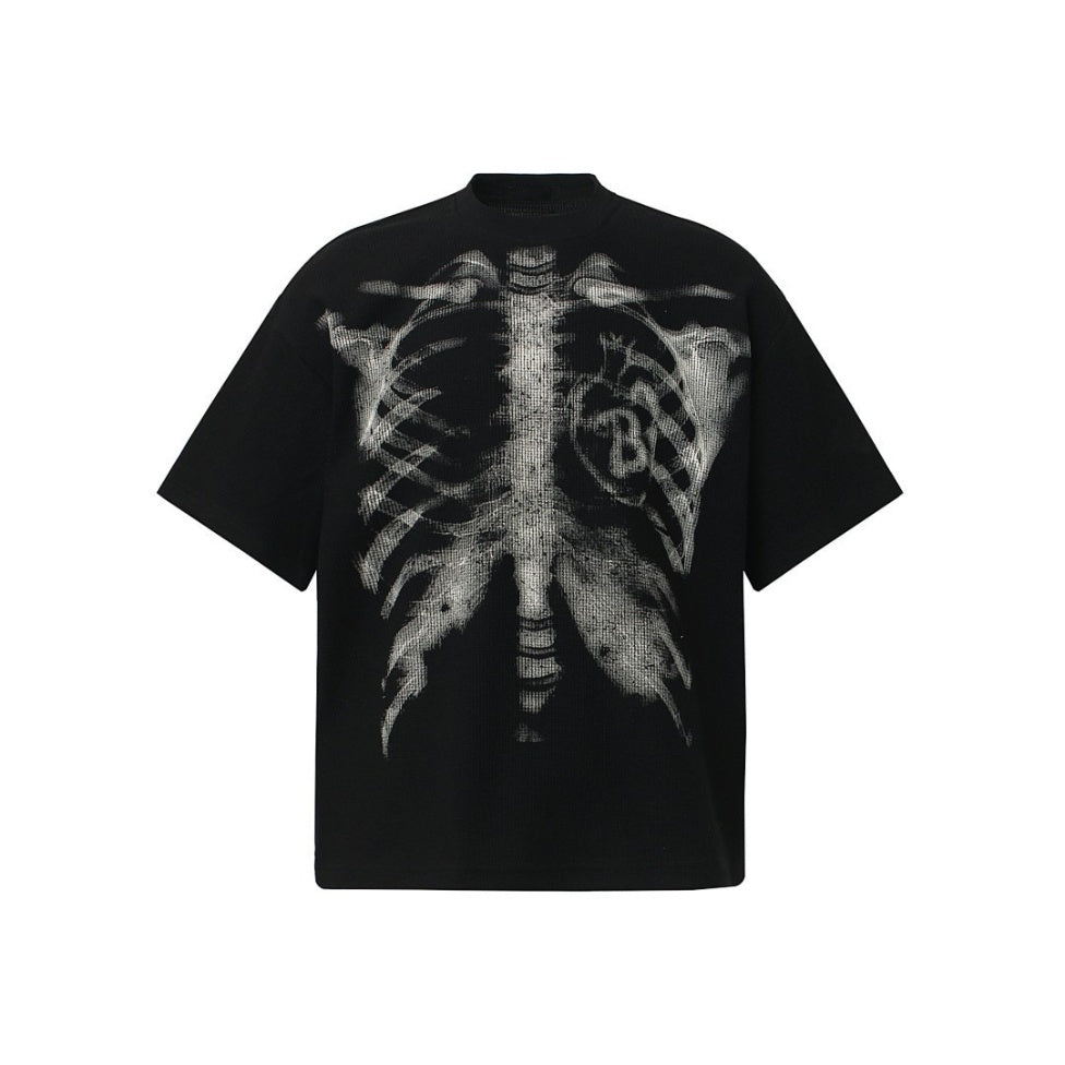 Skelett T-Shirt mit Herz | Oversized | Rücken Print | Waffelstruktur-Schwarz-M-Chaps Herrenmode
