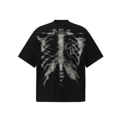 Skelett T-Shirt mit Herz | Oversized | Rücken Print | Waffelstruktur-Schwarz-M-Chaps Herrenmode
