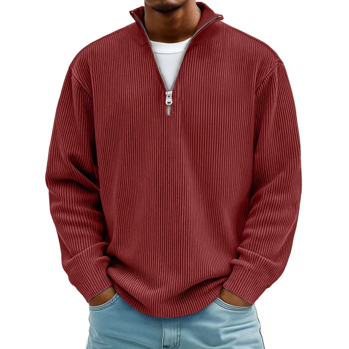 Half Zip Pullover Herren | Rippstrick | Lockere Passform | 10 Farben-Weinrot-S-Chaps Herrenmode