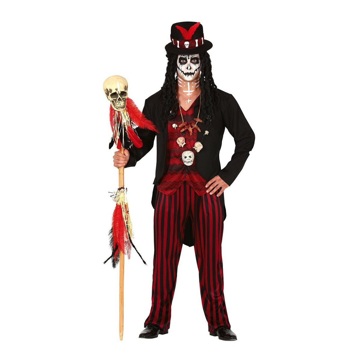 Voodoo Kostüm Herren | Frackjacke | Zylinder | Gestreifte Hose-Schwarz-Rot-S-Chaps Herrenmode
