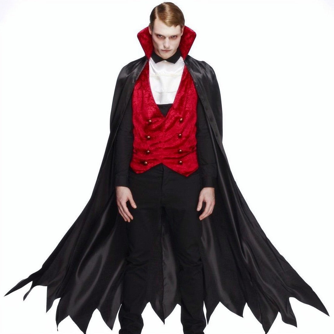 Graf Dracula Kostüm | Umhang | Samtweste | Plastron-Schwarz-Rot-M-Chaps Herrenmode