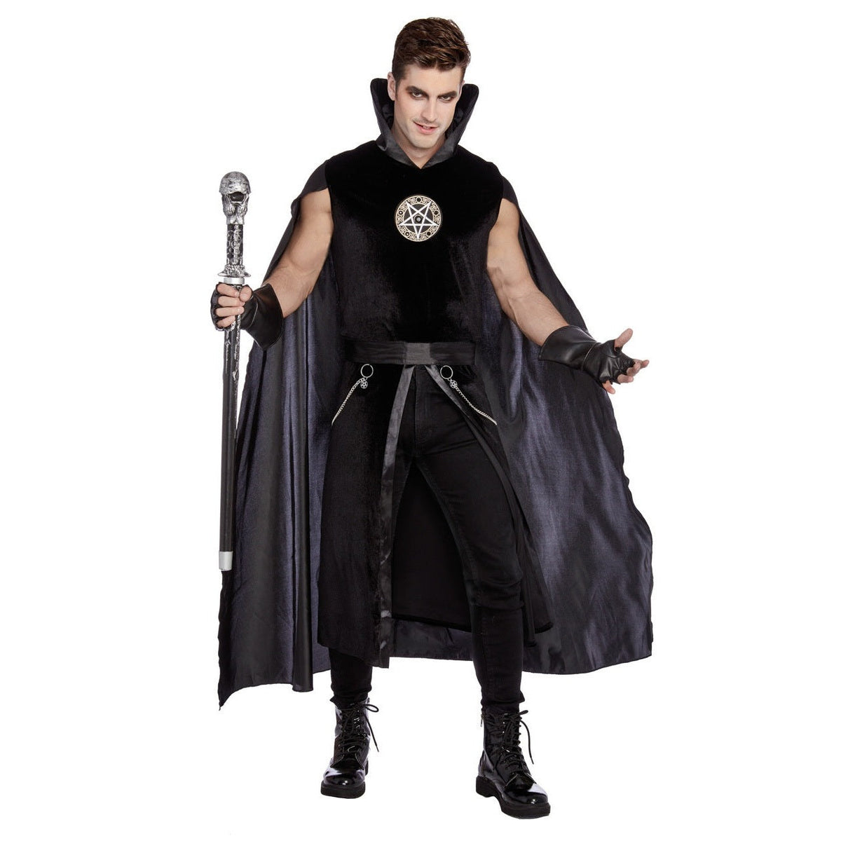 Gothic Kostüm Herren | Pentagramm Tunika | Stehkragen Umhang | Gürtel