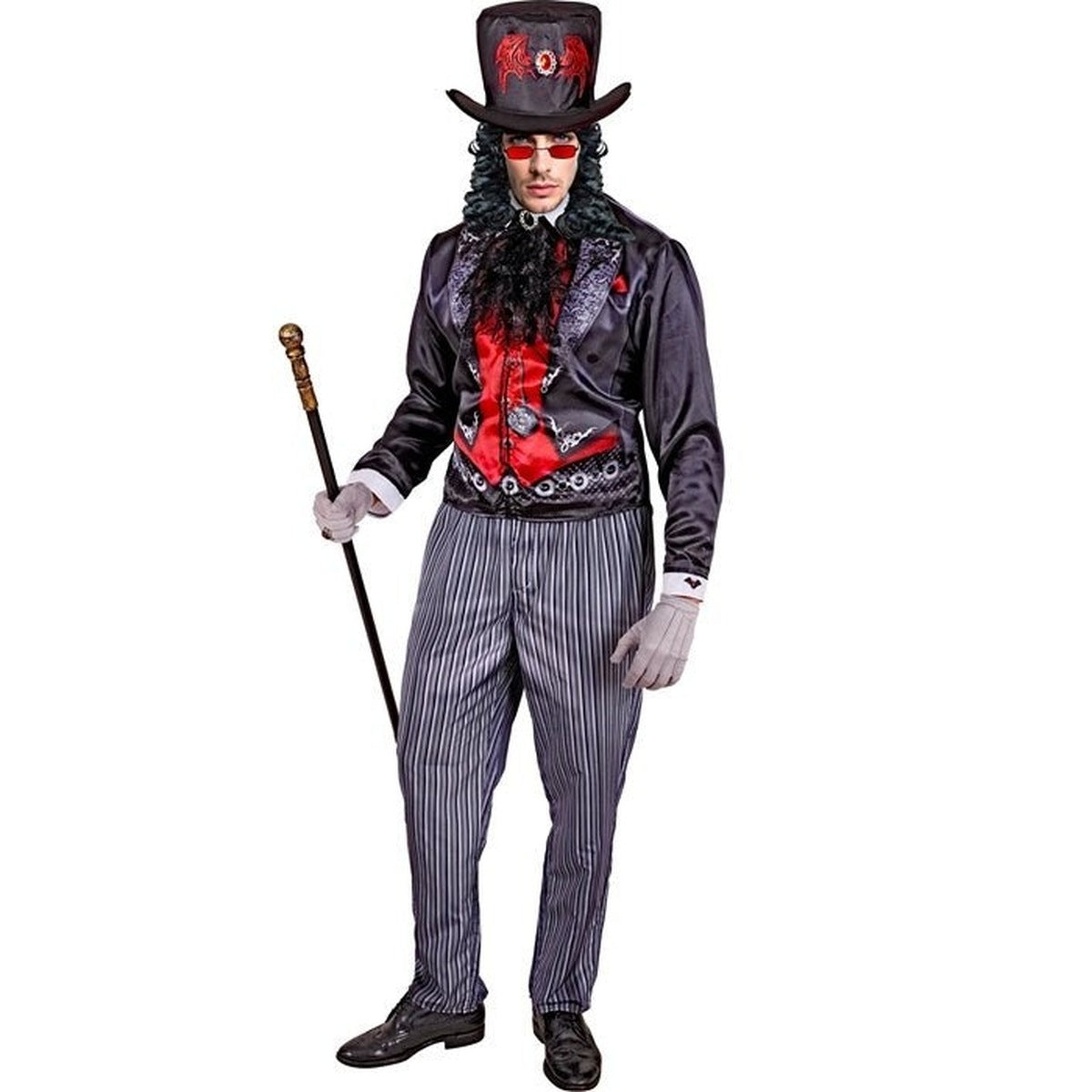 Gothic Vampir Kostüm | Frackjacke | Nadelstreifenhose | Zylinder | Jabot-Schwarz-Rot-S-Chaps Herrenmode