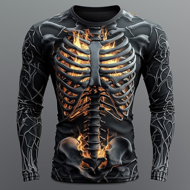 Skelett Langarmshirt | Flammen | Allover Print | 3 Motive-Brennender Brustkorb-S-Chaps Herrenmode