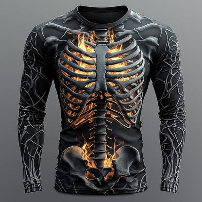 Skelett Langarmshirt | Flammen | Allover Print | 3 Motive-Brennender Brustkorb-S-Chaps Herrenmode