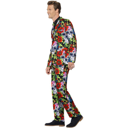 Tag der Toten Anzug Herren | Totenkopf Blumenmuster | Sakko, Hose, Krawatte-Chaps Herrenmode