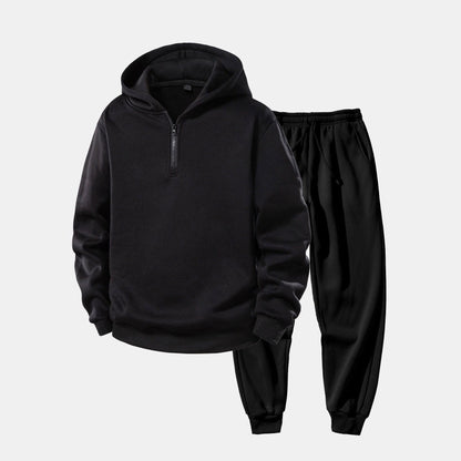 Halfzip Hoodie Trainingsanzug Herren | Jogginghose mit Bündchen | 2 Farben-Schwarz-S-Chaps Herrenmode