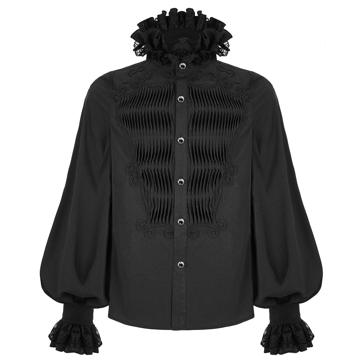 Gothic Rüschenhemd Herren | Plisseefront | Kordelornamente | Spitzenkragen | Schwarz-Chaps Herrenmode
