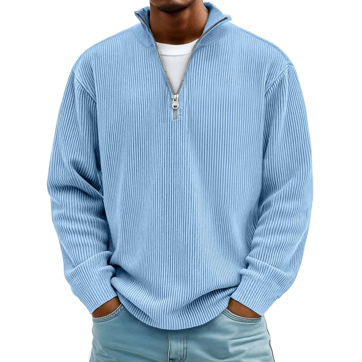 Half Zip Pullover Herren | Rippstrick | Lockere Passform | 10 Farben-Hellblau-S-Chaps Herrenmode