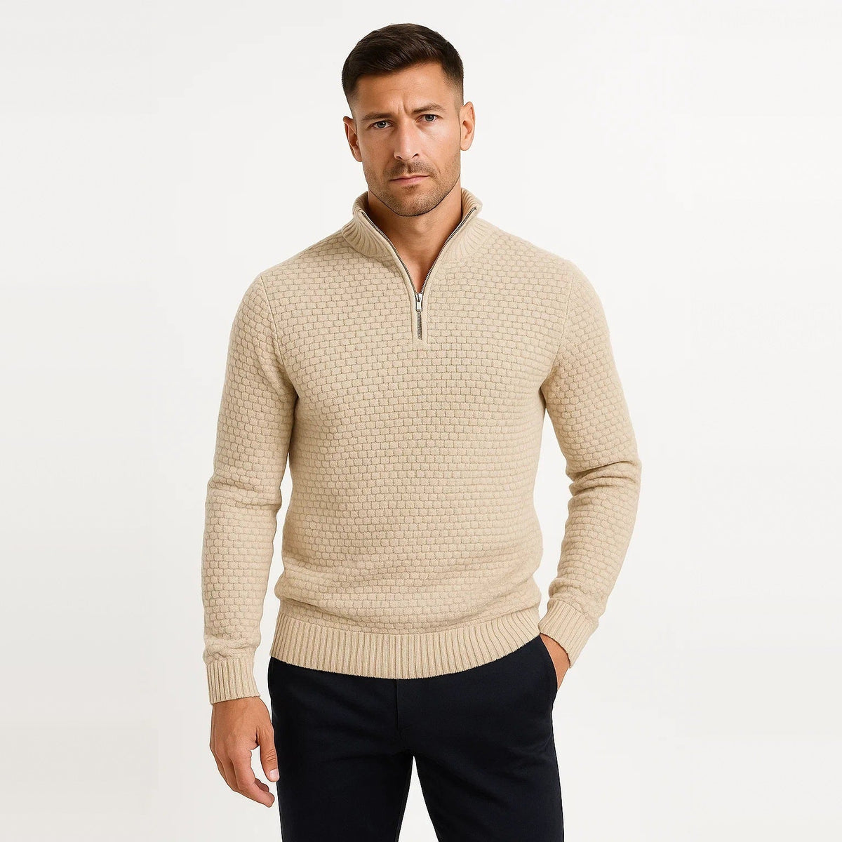 Waffelstrick Troyer Herren | Stehkragen | Reißverschluss | Smart Casual