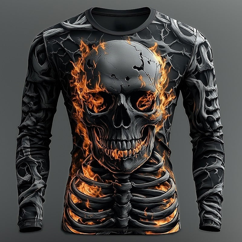 Skelett Langarmshirt | Flammen | Allover Print | 3 Motive-Brennender Totenkopf-S-Chaps Herrenmode