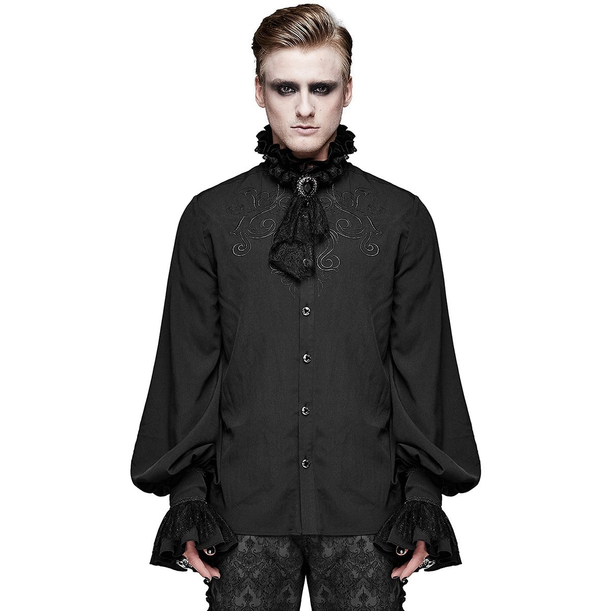 Gothic Hemd Herren | Abnehmbares Spitzenjabot | Brosche | Stickerei | Schwarz-Schwarz-S-Chaps Herrenmode