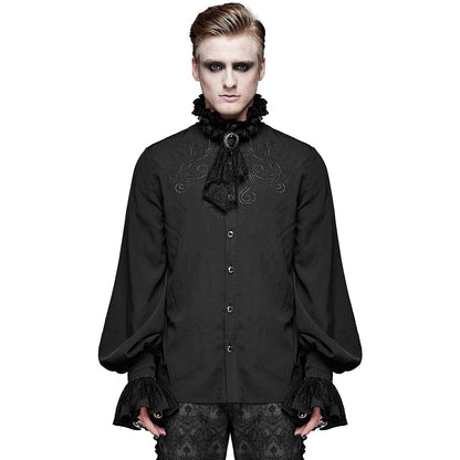 Gothic Hemd Herren | Abnehmbares Spitzenjabot | Brosche | Stickerei | Schwarz-Schwarz-S-Chaps Herrenmode
