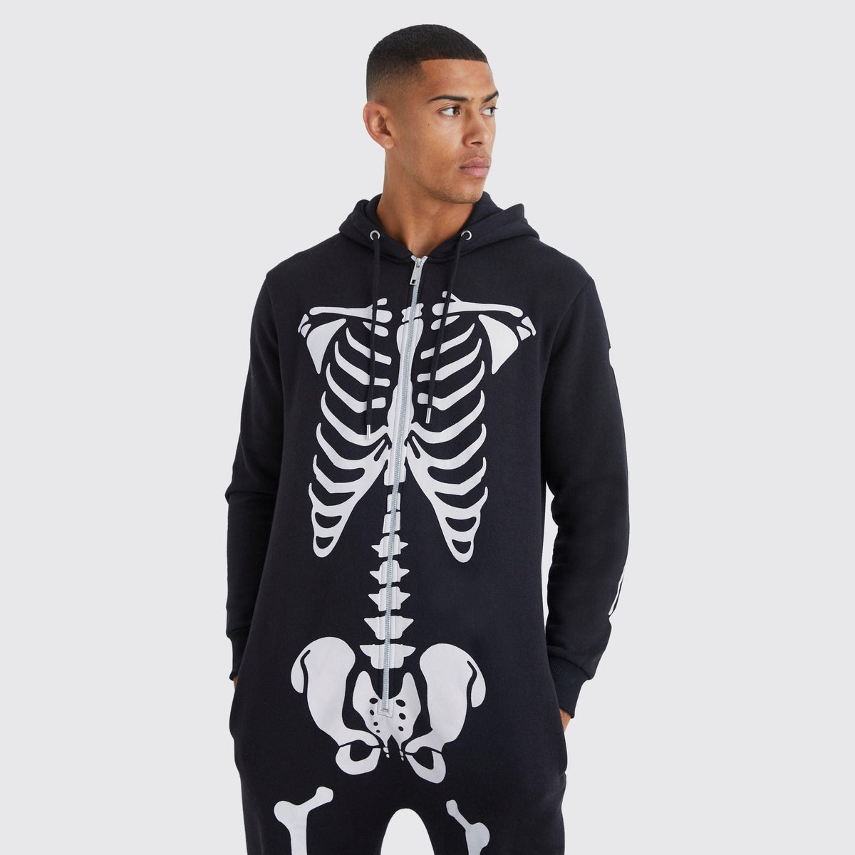 Skelett Kapuzenoverall Herren | Reißverschluss | Knochen Print | Schwarz-Chaps Herrenmode
