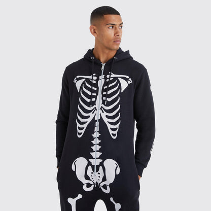 Skelett Kapuzenoverall Herren | Reißverschluss | Knochen Print | Schwarz-Chaps Herrenmode