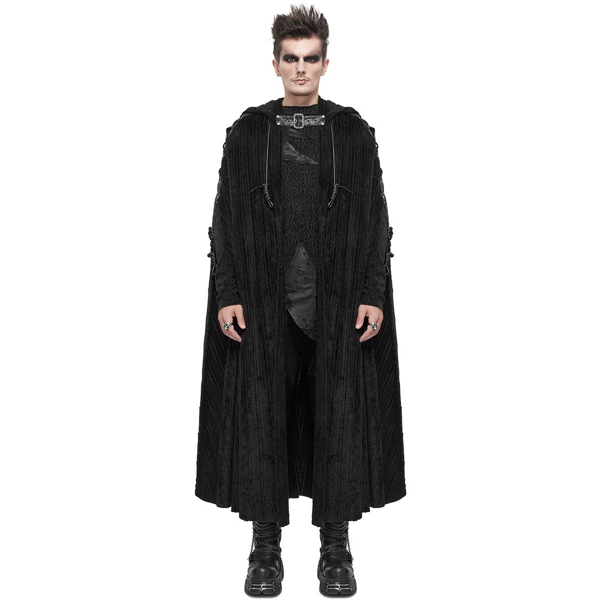 Gothic Umhang Herren | Kapuze | Chenille | Schnallenriemen | Schnürung-Schwarz-Chaps Herrenmode