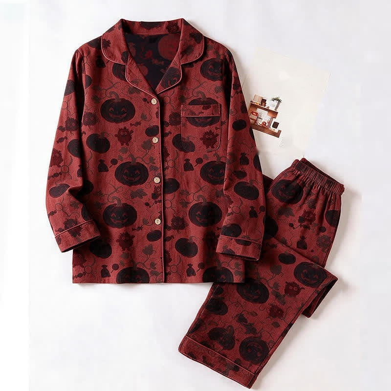 Kürbis Monster Pyjama Set Herren | Knopfleiste | Rot mit Schwarz