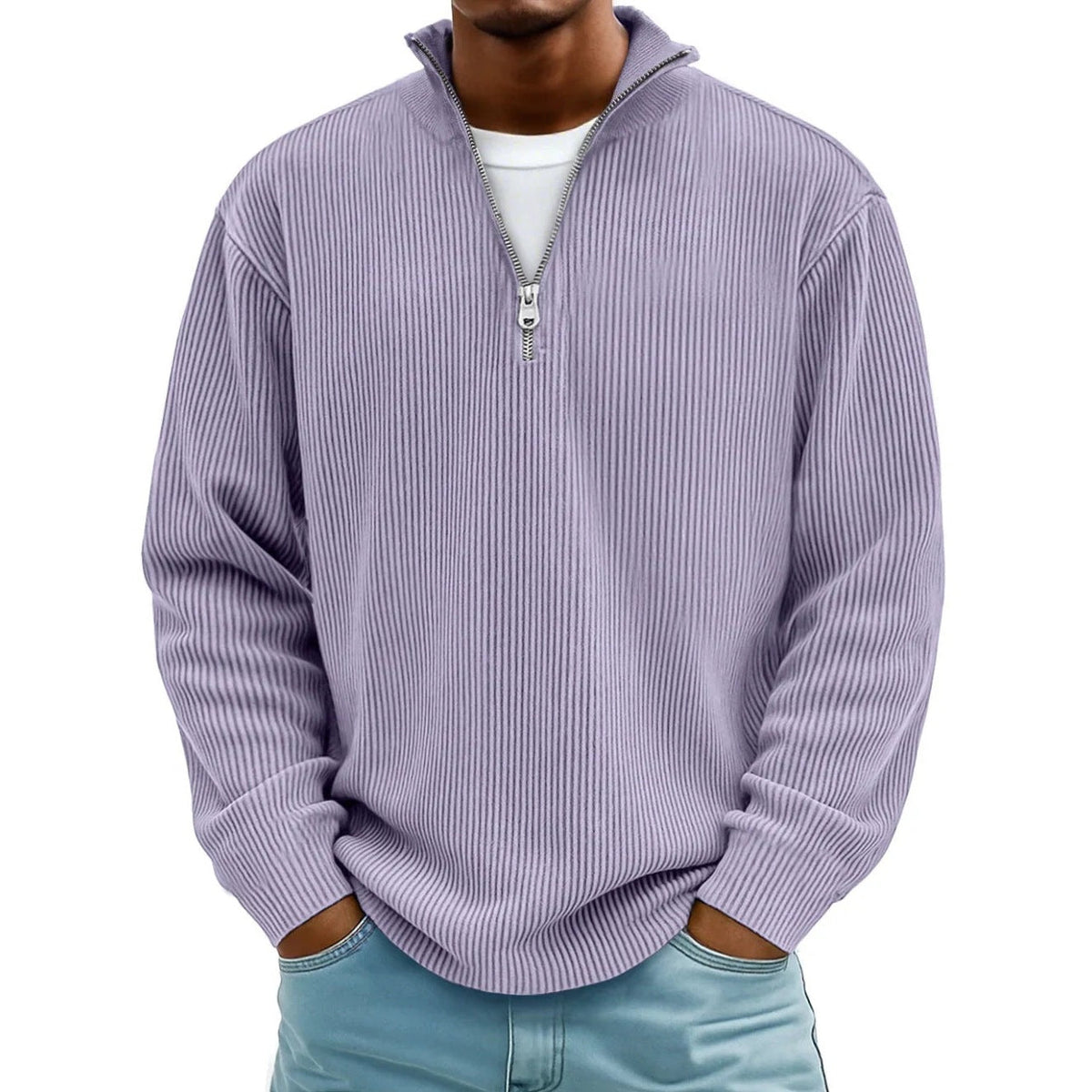 Half Zip Pullover Herren | Rippstrick | Lockere Passform | 10 Farben-Hellviolett-S-Chaps Herrenmode