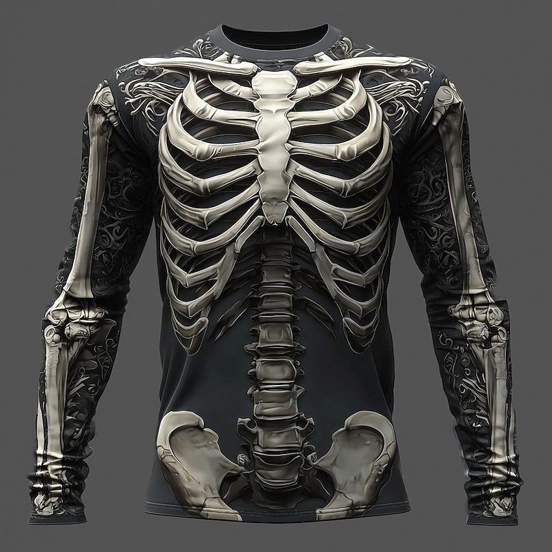 Skelett Langarmshirt | Flammen | Allover Print | 3 Motive-Knochenskelett-S-Chaps Herrenmode