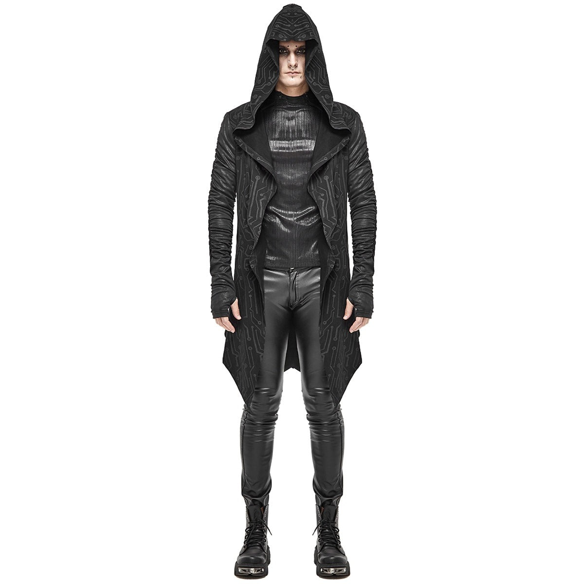 Gothic Kapuzen Cardigan Herren | Schaltkreis Muster | Lang | Offen | Schwarz-Schwarz-S-M-Chaps Herrenmode