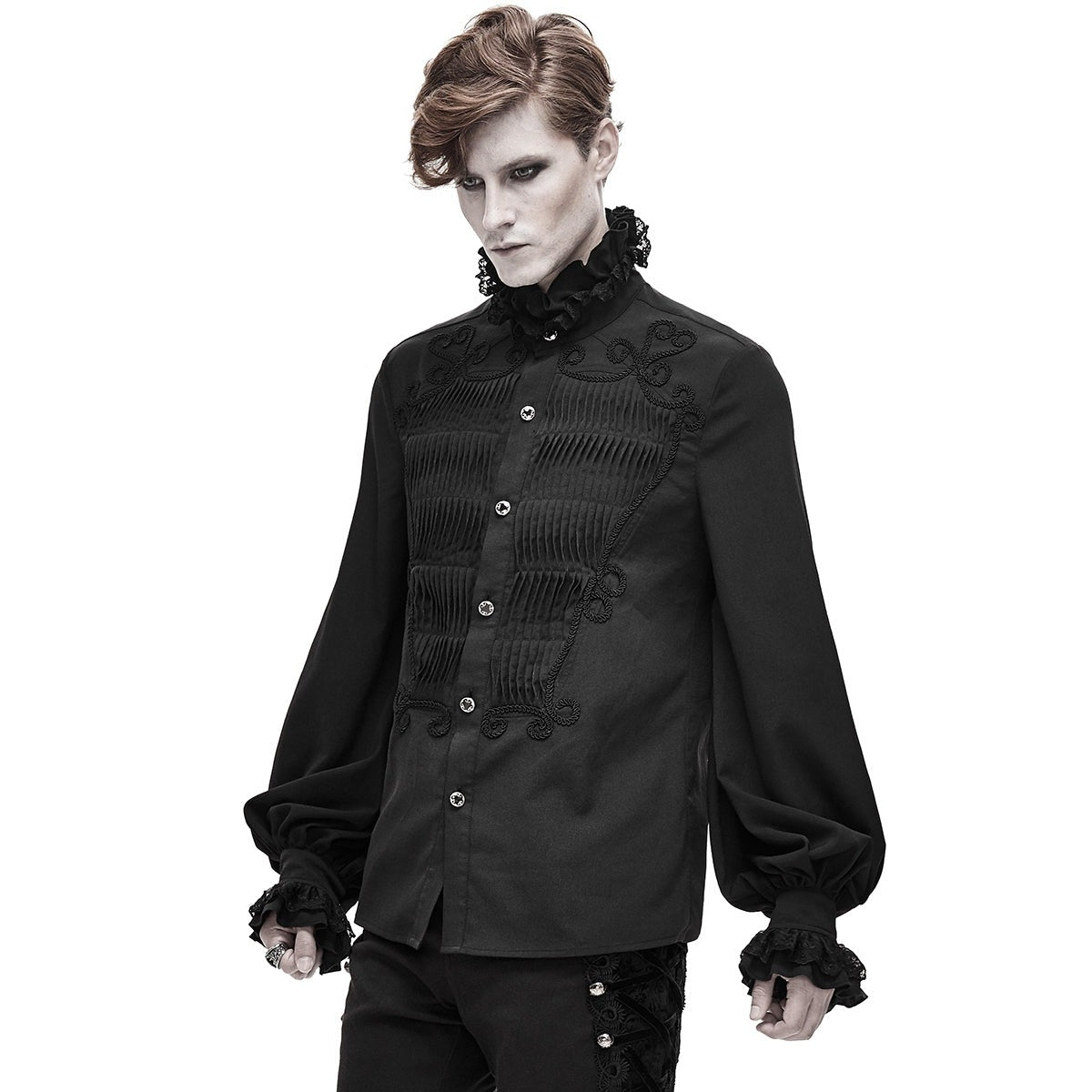 Gothic Rüschenhemd Herren | Plisseefront | Kordelornamente | Spitzenkragen | Schwarz-Chaps Herrenmode