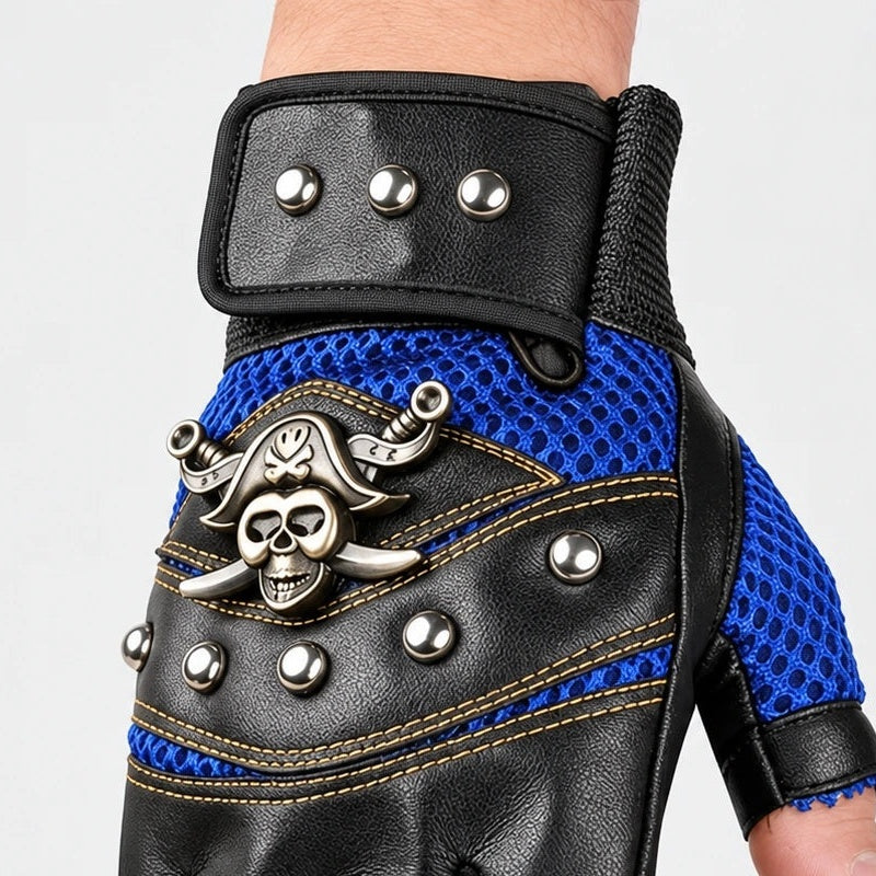 Fingerlose Biker Handschuhe | Totenkopf Emblem | Nieten | Kunstleder-Blau-Chaps Herrenmode