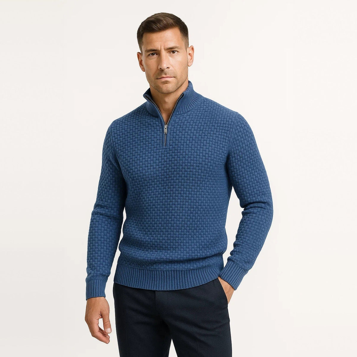 Waffelstrick Troyer Herren | Stehkragen | Reißverschluss | Smart Casual