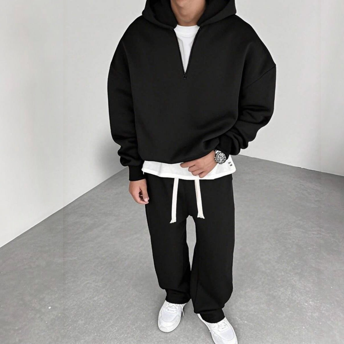 Halfzip Jogginganzug Herren | Weite Jogginghose | 3 Farben-Schwarz-S-Chaps Herrenmode