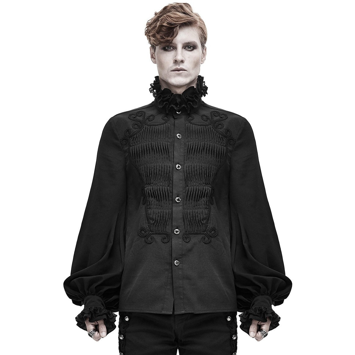 Gothic Rüschenhemd Herren | Plisseefront | Kordelornamente | Spitzenkragen | Schwarz-Schwarz-S-Chaps Herrenmode