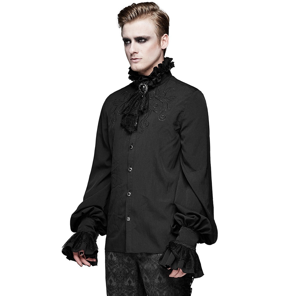 Gothic Hemd Herren | Abnehmbares Spitzenjabot | Brosche | Stickerei | Schwarz-Chaps Herrenmode