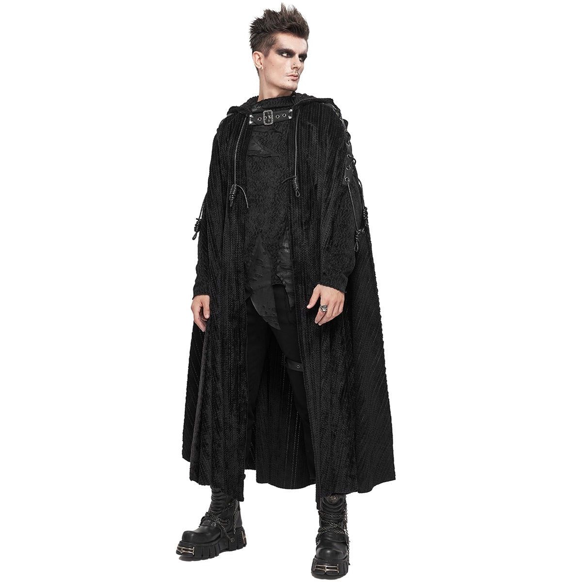 Gothic Umhang Herren | Kapuze | Chenille | Schnallenriemen | Schnürung-Chaps Herrenmode