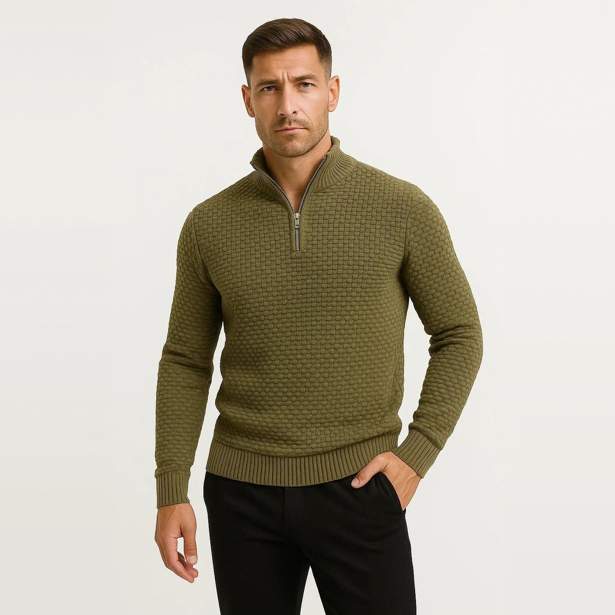 Waffelstrick Troyer Herren | Stehkragen | Reißverschluss | Smart Casual