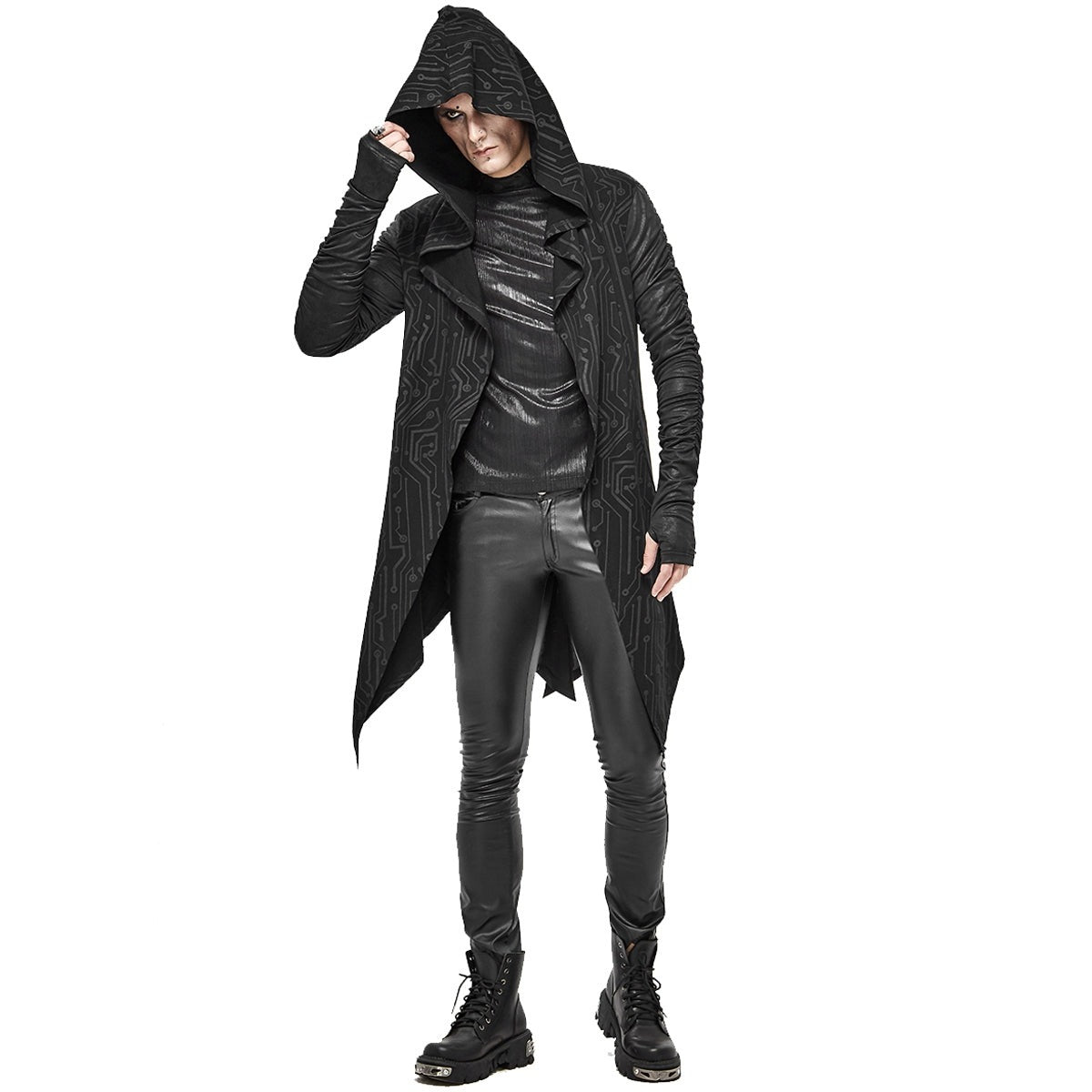 Gothic Kapuzen Cardigan Herren | Schaltkreis Muster | Lang | Offen | Schwarz-Chaps Herrenmode
