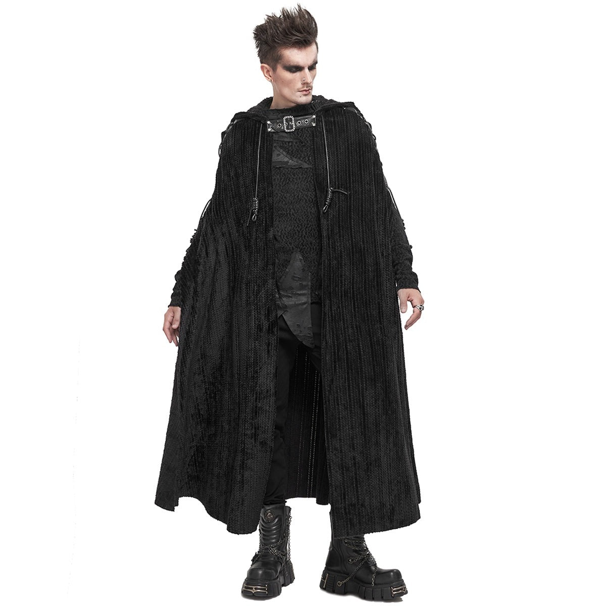 Gothic Umhang Herren | Kapuze | Chenille | Schnallenriemen | Schnürung-Chaps Herrenmode
