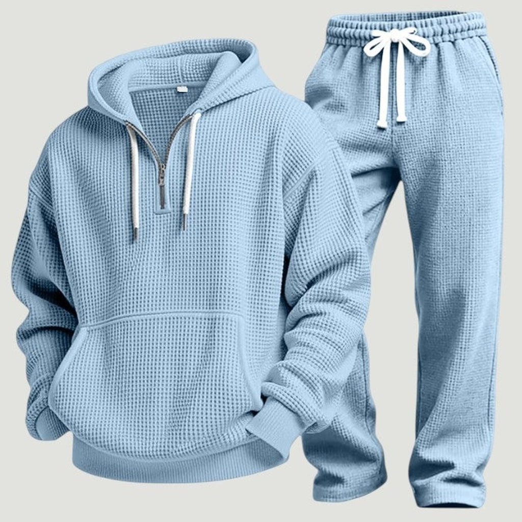 Waffel Trainingsanzug Herren | Halfzip Hoodie | 6 Farben-Hellblau-S-Chaps Herrenmode