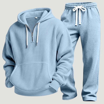 Waffel Trainingsanzug Herren | Halfzip Hoodie | 6 Farben-Hellblau-S-Chaps Herrenmode