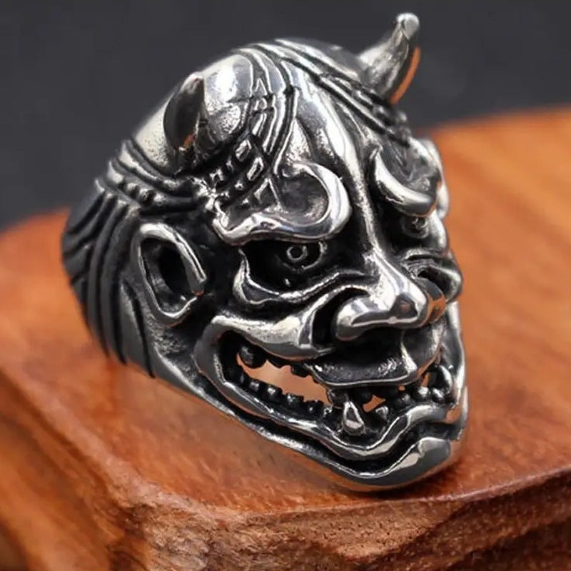 Oni Ring | Japanische Dämonenmaske | Hörner | Edelstahl | Biker Ring-Chaps Herrenmode