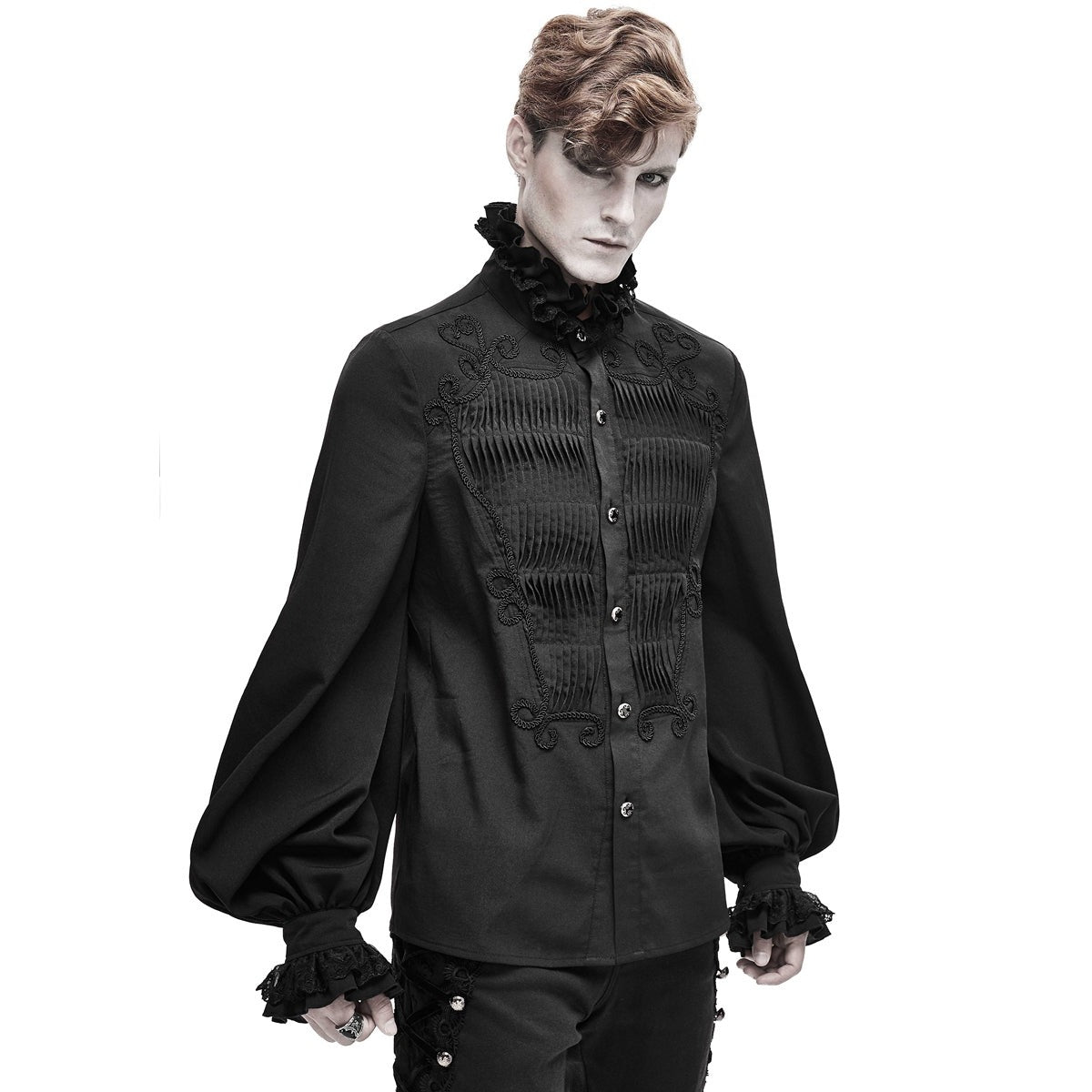 Gothic Rüschenhemd Herren | Plisseefront | Kordelornamente | Spitzenkragen | Schwarz-Chaps Herrenmode