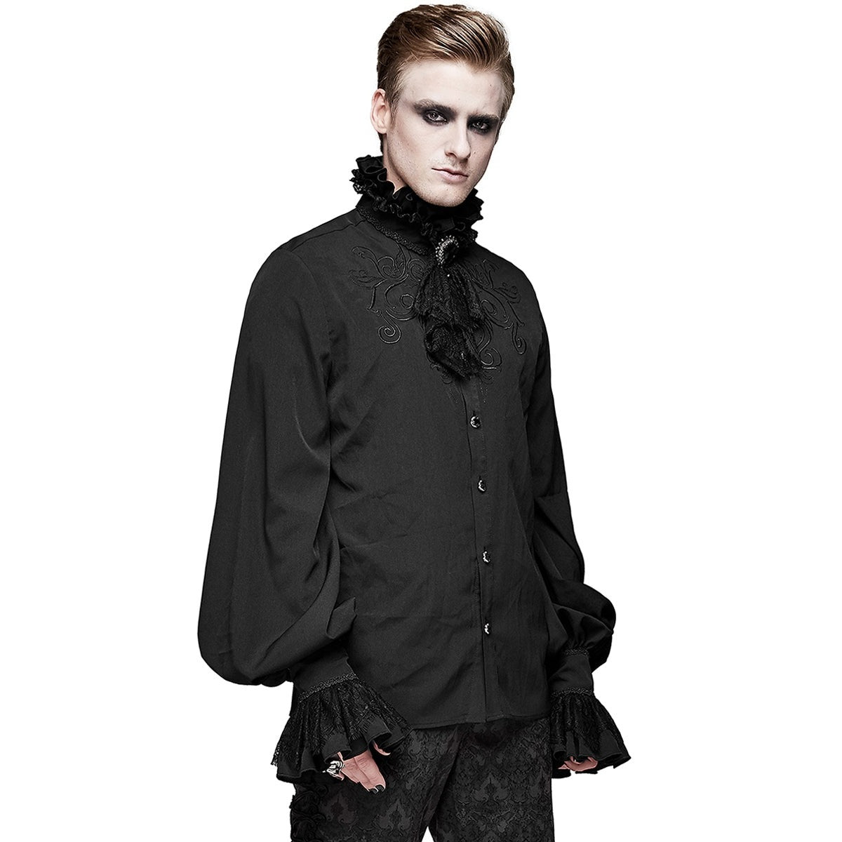 Gothic Hemd Herren | Abnehmbares Spitzenjabot | Brosche | Stickerei | Schwarz-Chaps Herrenmode