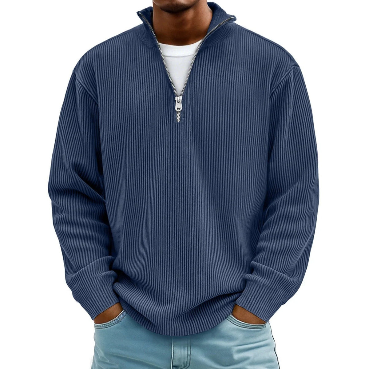 Half Zip Pullover Herren | Rippstrick | Lockere Passform | 10 Farben-Dunkelblau-S-Chaps Herrenmode