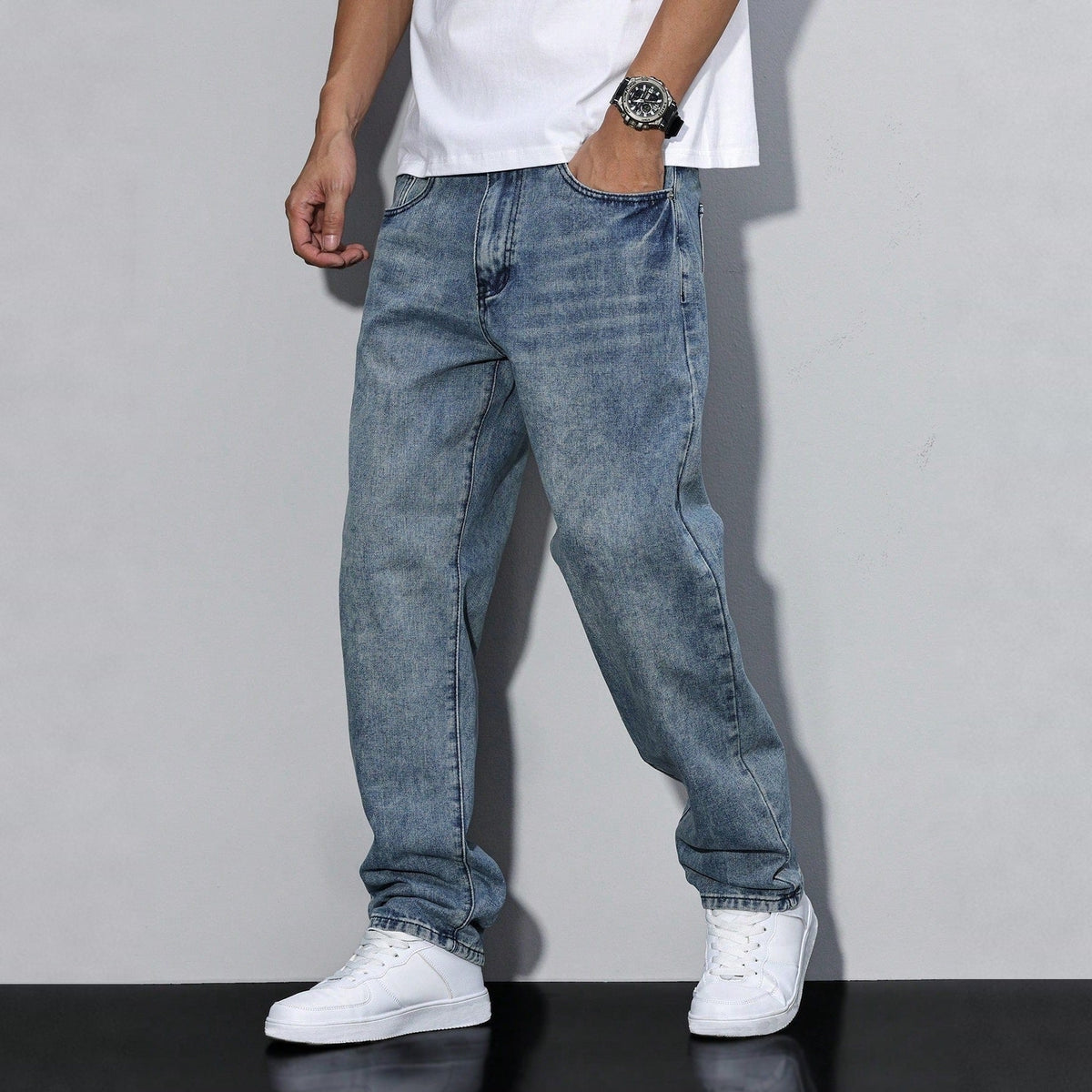 Baggy Jeans Herren | Weite Passform | Used Look-Graublau-28-Chaps Herrenmode