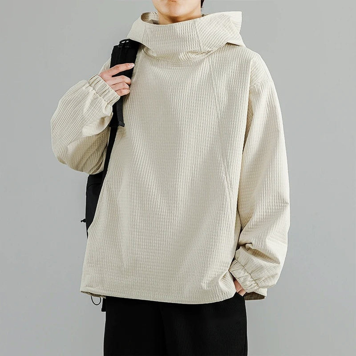 Oversized Hoodie Herren | Waffelstruktur | Stehkragen | Kordelzug am Saum