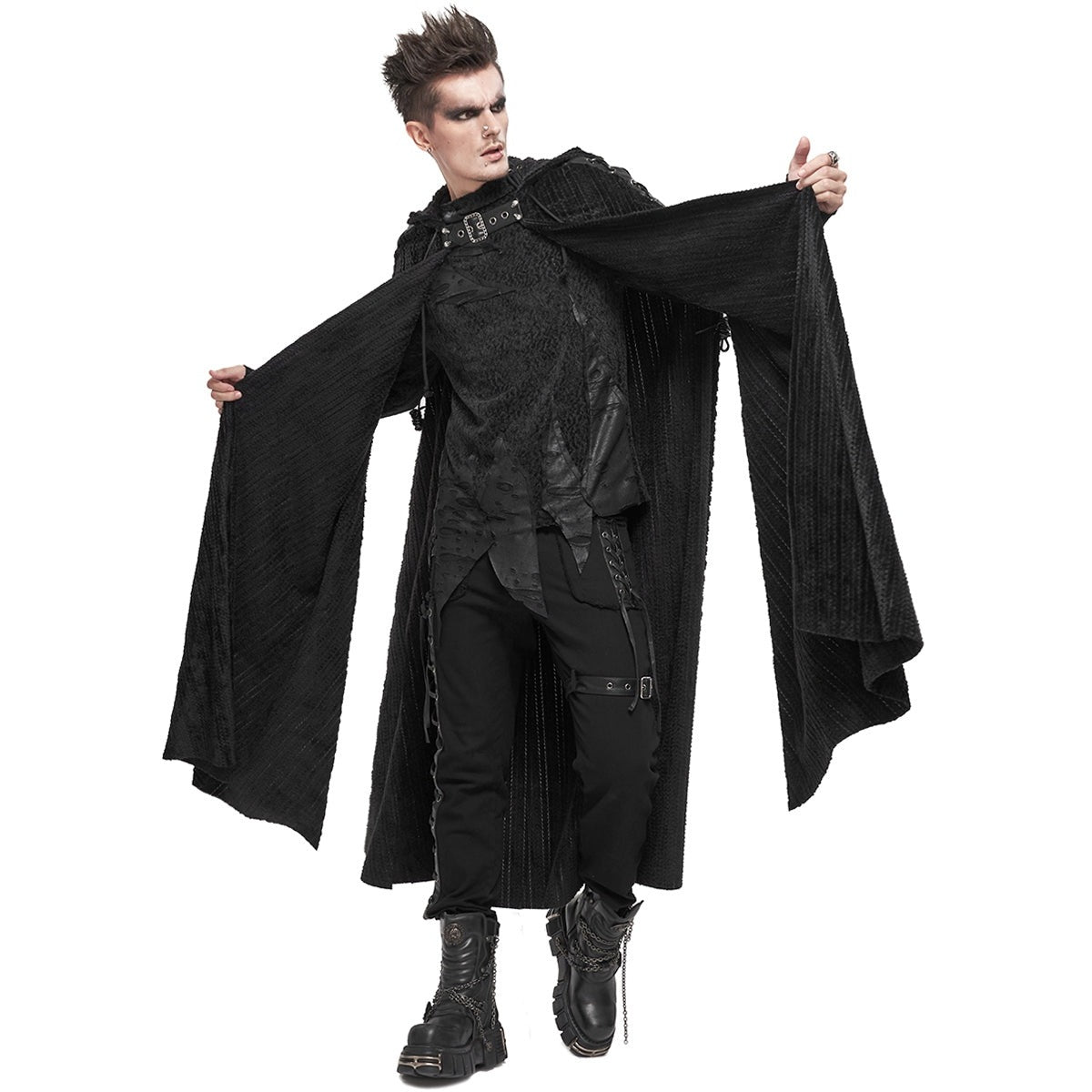 Gothic Umhang Herren | Kapuze | Chenille | Schnallenriemen | Schnürung-Chaps Herrenmode