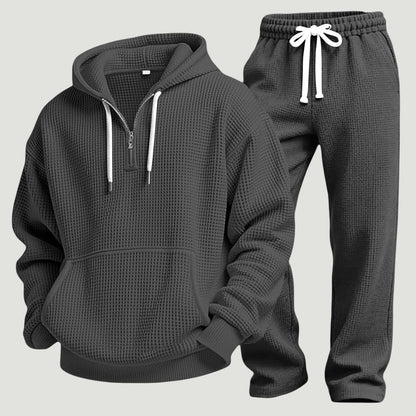 Waffel Trainingsanzug Herren | Halfzip Hoodie | 6 Farben-Schwarz-S-Chaps Herrenmode