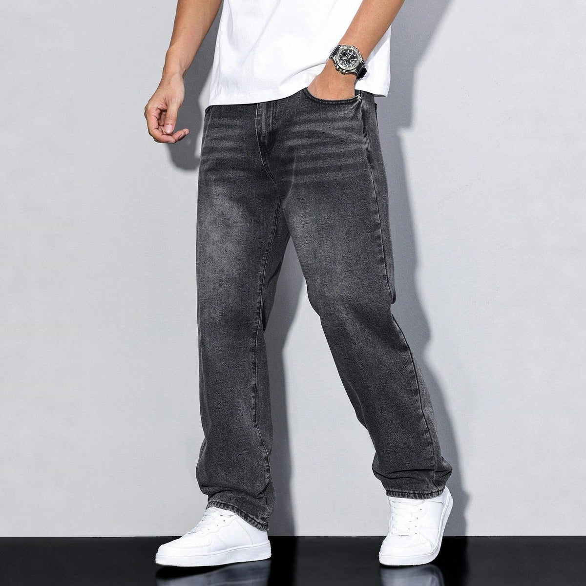 Baggy Jeans Herren | Weite Passform | Used Look-Dunkelgrau-28-Chaps Herrenmode