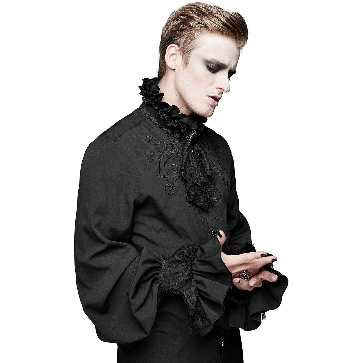 Gothic Hemd Herren | Abnehmbares Spitzenjabot | Brosche | Stickerei | Schwarz-Chaps Herrenmode