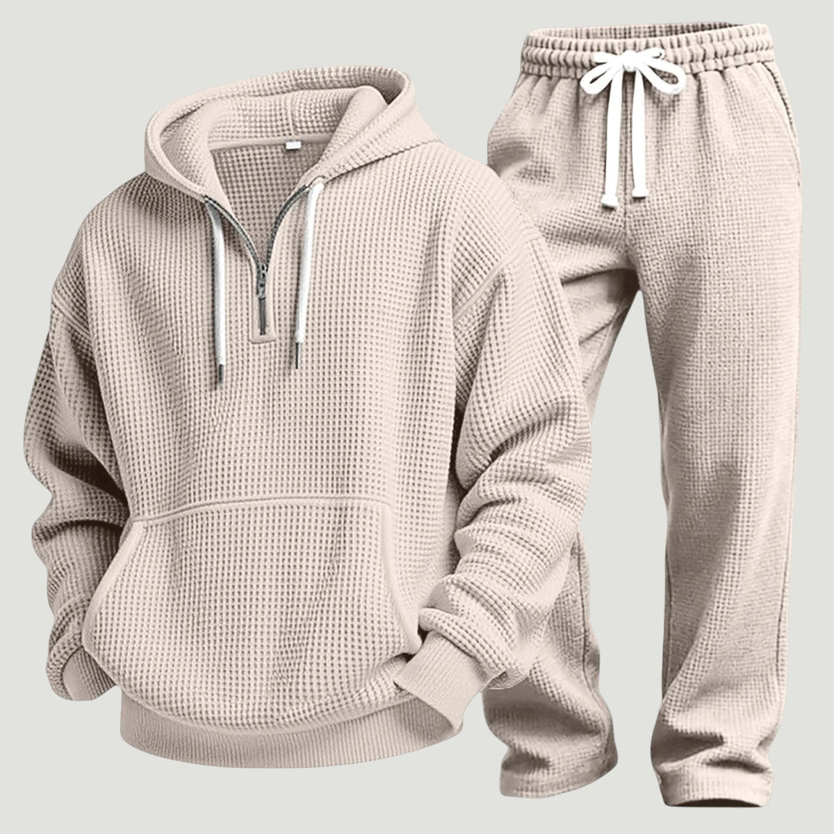 Waffel Trainingsanzug Herren | Halfzip Hoodie | 6 Farben-Beige-S-Chaps Herrenmode