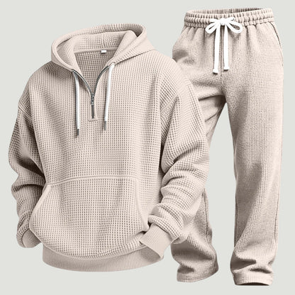 Waffel Trainingsanzug Herren | Halfzip Hoodie | 6 Farben-Beige-S-Chaps Herrenmode