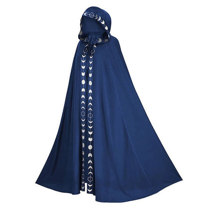 Mittelalterlicher Umhang mit Kapuze | Mondphasen Borte | Bodenlang | 5 Farben-Blau-S-M-Chaps Herrenmode