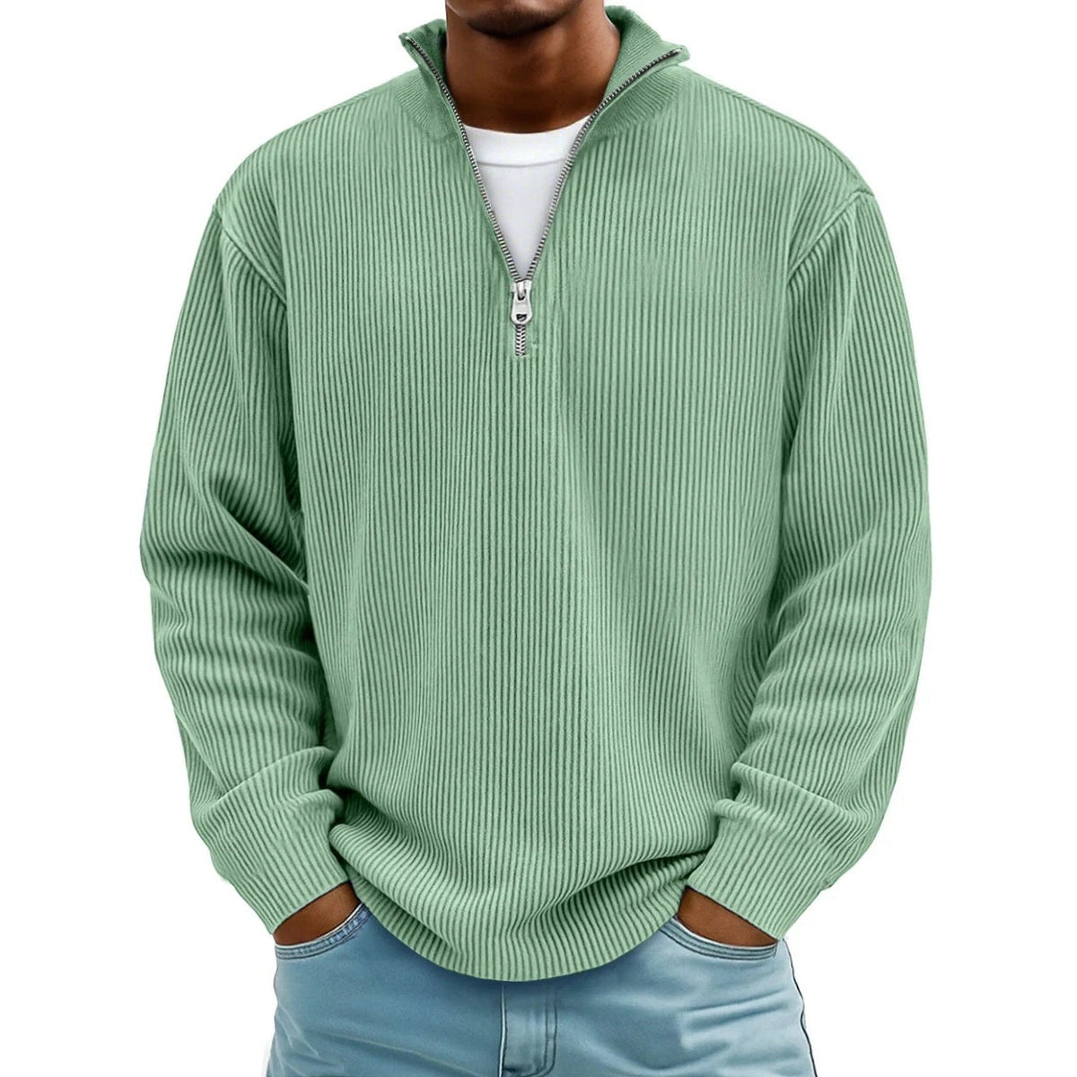 Half Zip Pullover Herren | Rippstrick | Lockere Passform | 10 Farben-Hellgrün-S-Chaps Herrenmode